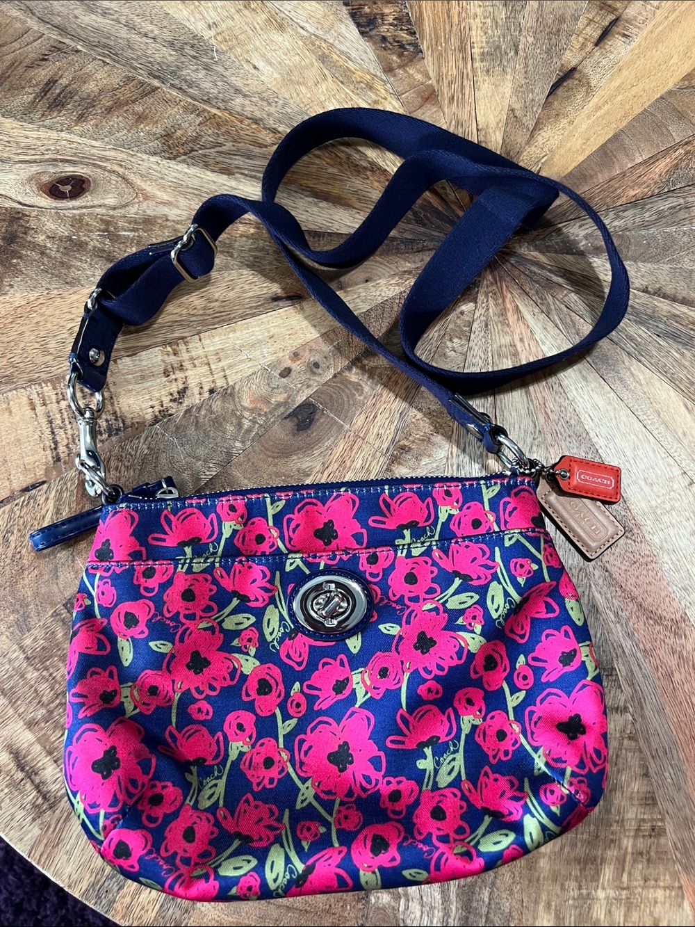 Coach Navy Crossbody with Hot Pink Floral Print